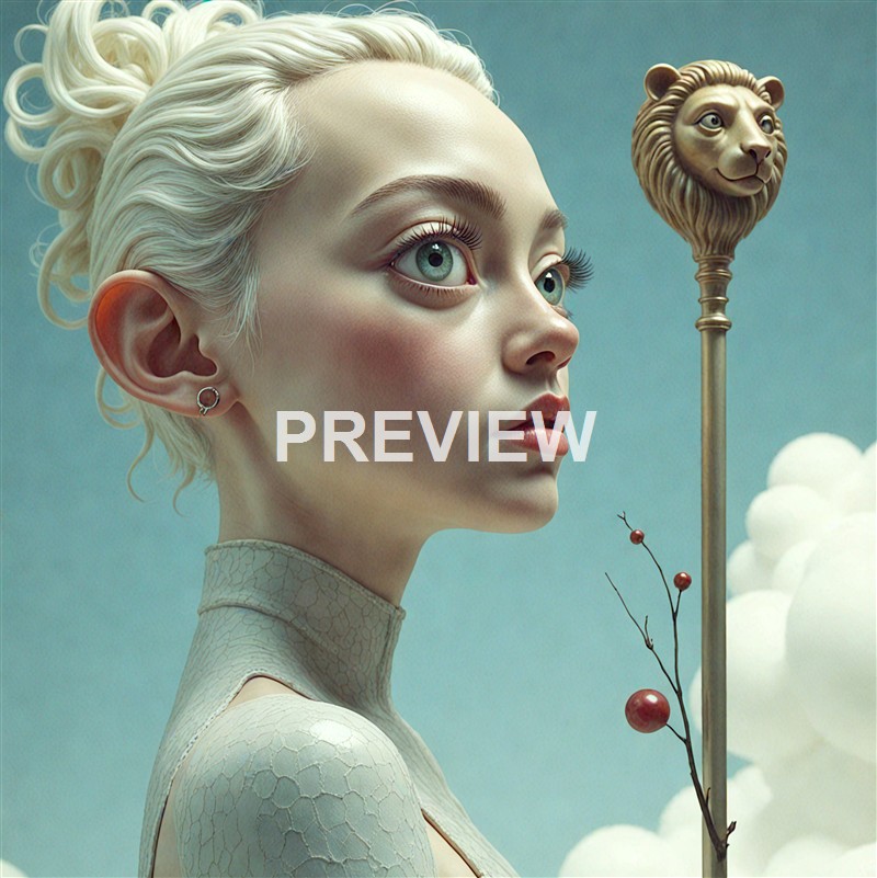 A surreal digital artwork of a young woman with platinum blonde hair, large blue eyes, wearing a textured beige top, holding a branch with red berries, with a lion-headed staff in the background, set against a sky with fluffy clouds.